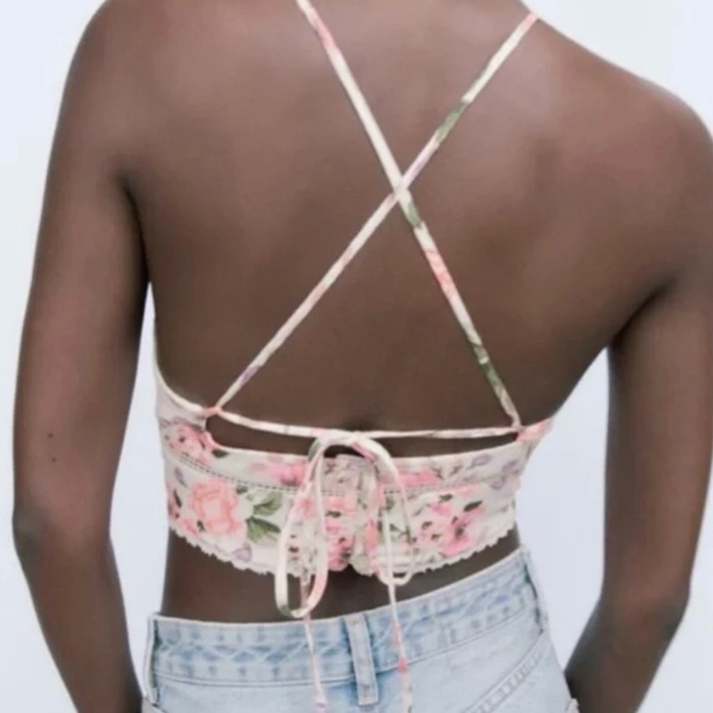 Zara Floral Crisscross Cropped Tie Back crop corset Sz M Wmns NWT - Picture 3 of 9